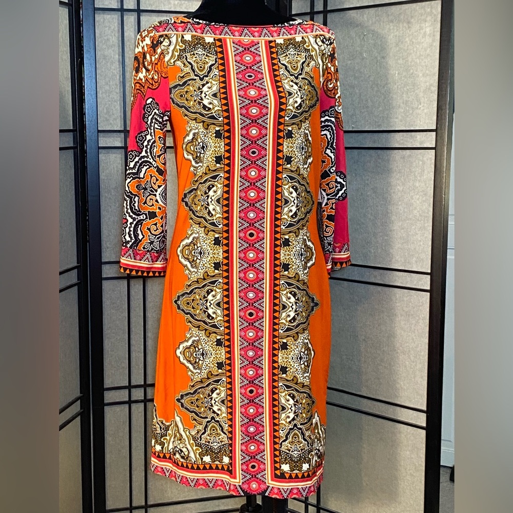 ECI New York Pink Orange Printed Shift Dress Size M Flowy Comfort Fall Color NWT
